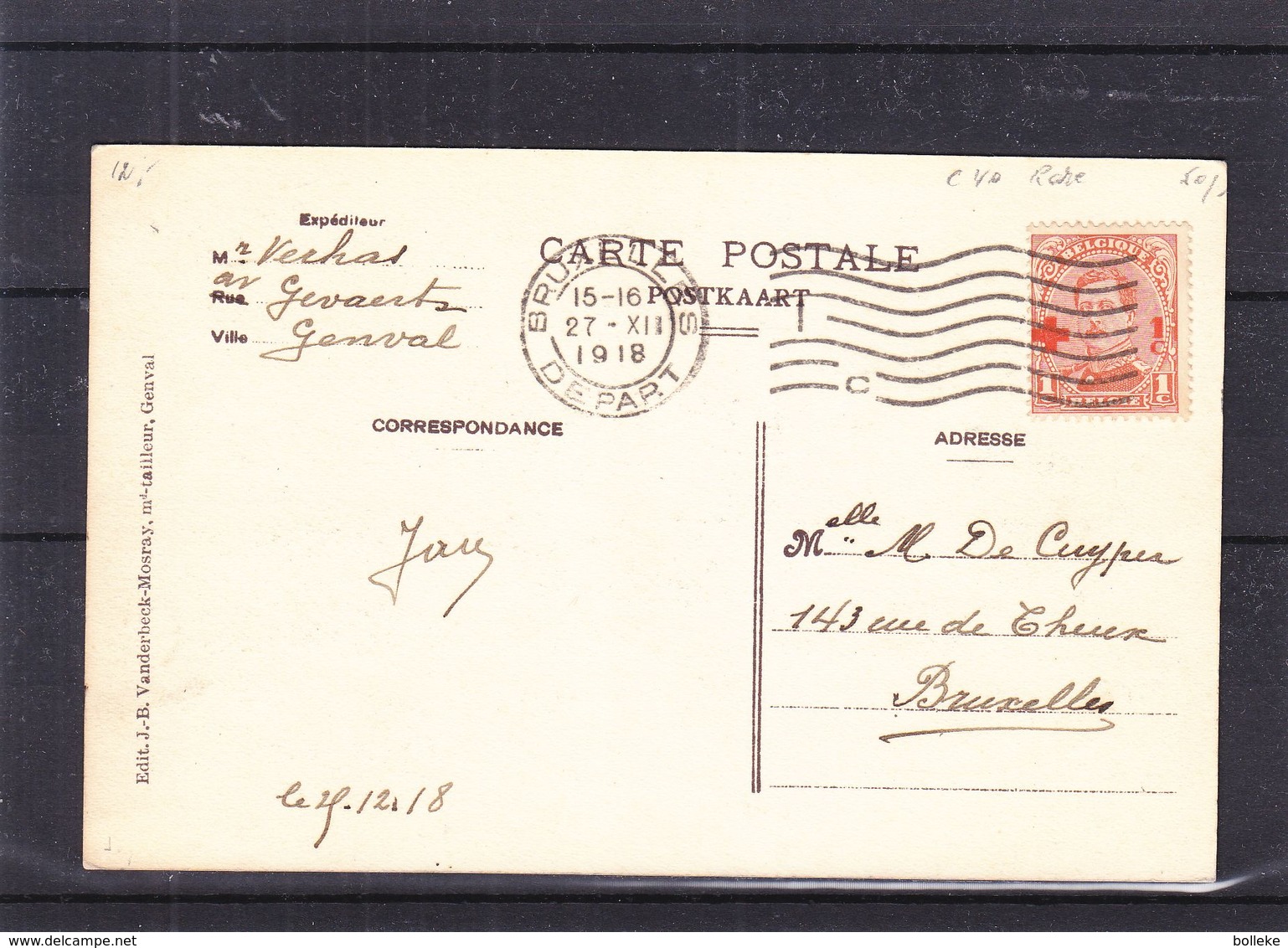 Croix Rouge - Belgique - Carte Postale De 1918 - Oblit Bruxelles - Avec Le 1c - Rare - Valeur 40 Euros - 1918 Red Cross