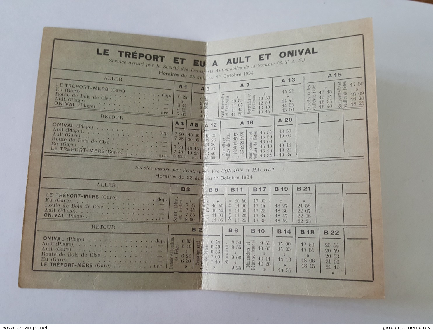 1934 Horaires - Service Automobile Du Tréport Et D'Eu à Ault Et Onival, Compagnie Du Chemin De Fer Du Nord, Somme - Europe