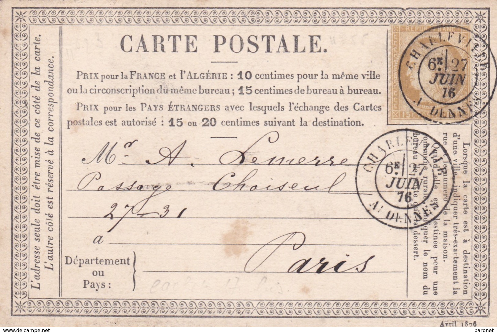 N° 55 S / CP T.P. Ob T 18 Charleville 27 Juin 76 Pour Paris - 1849-1876: Période Classique