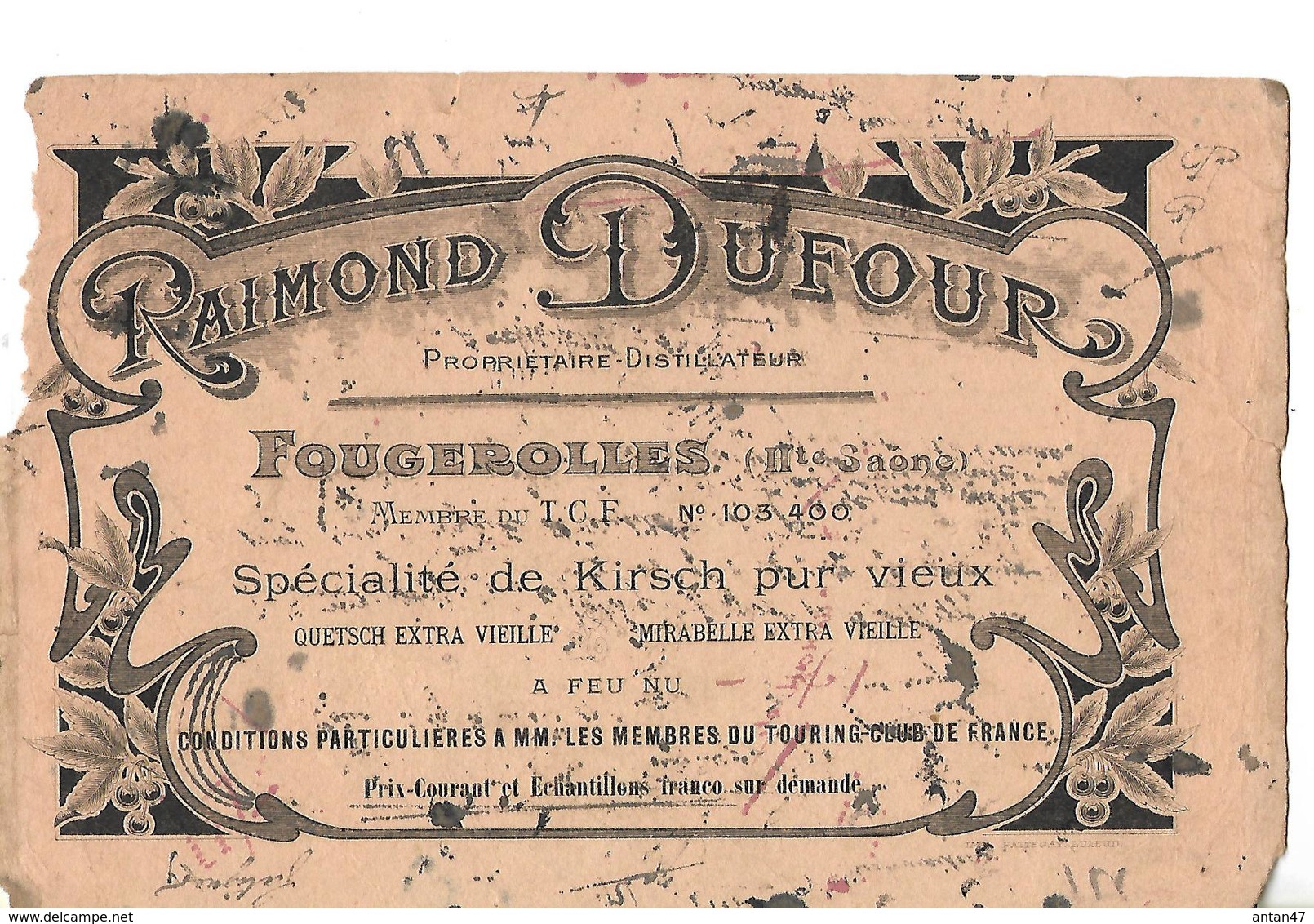 Buvard Raimond DUFOUR 70 Fougerolles / Distillateur / Kirsch, Quetsch, Mirabelle - Autres & Non Classés