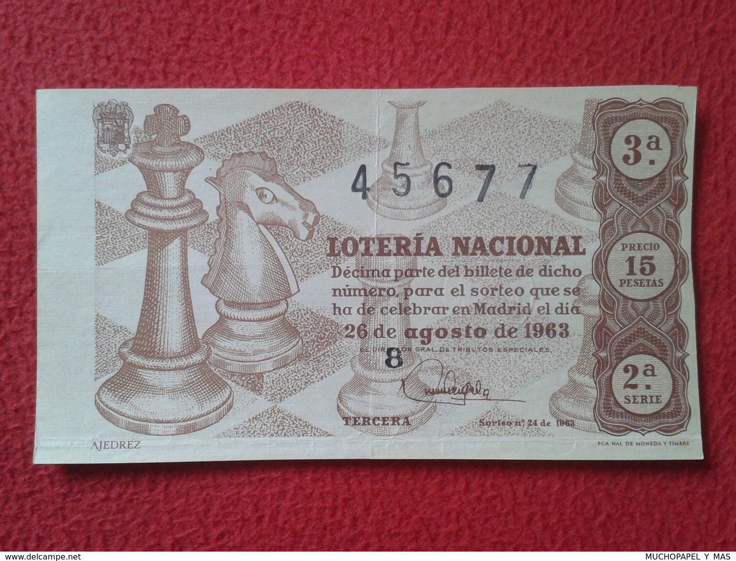 SPAIN DÉCIMO CUPÓN DE LOTERÍA NACIONAL LOTTERY LOTERIE NATIONALE ESPAGNE 1963 AJEDREZ CHESS Échecs REY CABALLO PIEZAS... - Billetes De Lotería