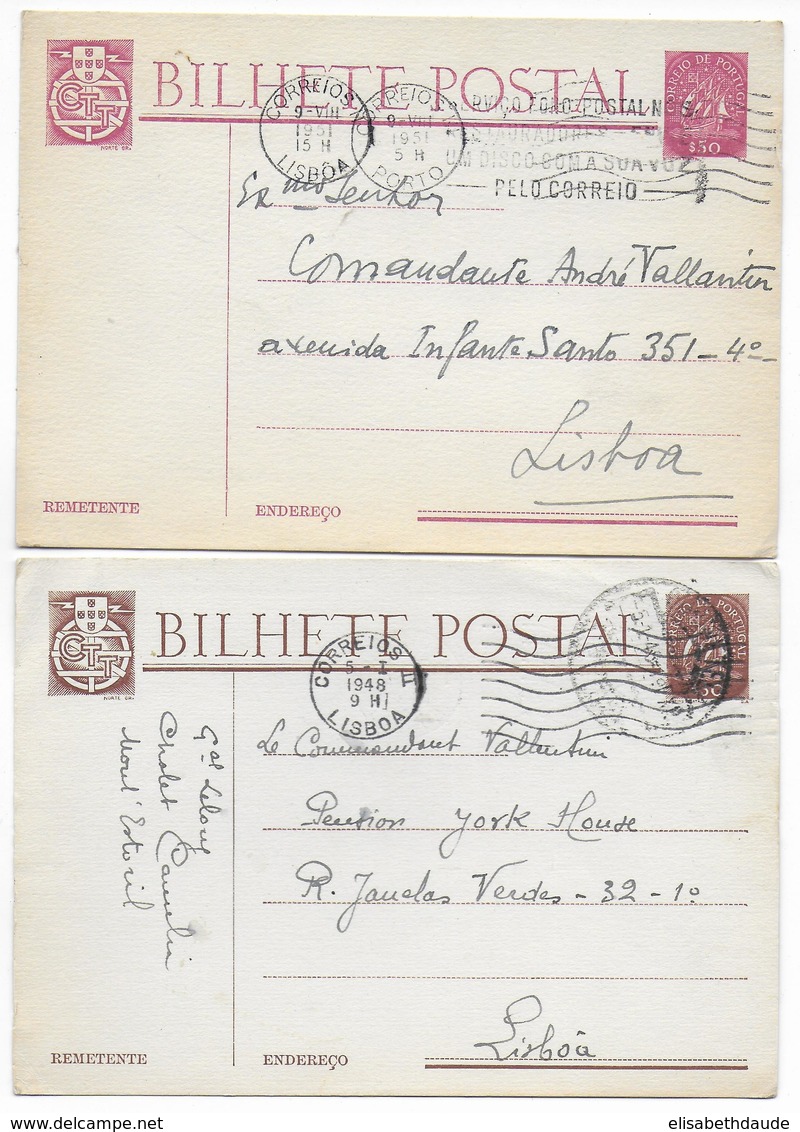 PORTUGAL - 1948/1951 - 2 CARTES ENTIERS POSTAUX TYPES CARAVELLE  => LISBOA - Postal Stationery