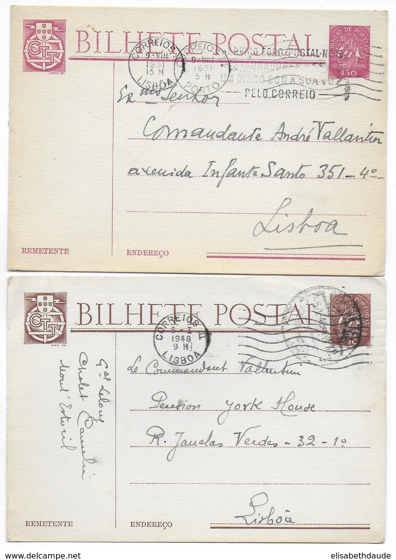 PORTUGAL - 1948/1951 - 2 CARTES ENTIERS POSTAUX TYPES CARAVELLE  => LISBOA - Ganzsachen