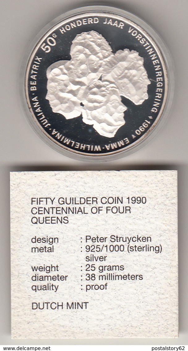 Fifty Guilder Coin 1990 Centennial Of Four Queens Silver 925% 25 Grams Proof Con Astuccio Originale - 1980-2001 : Beatrix