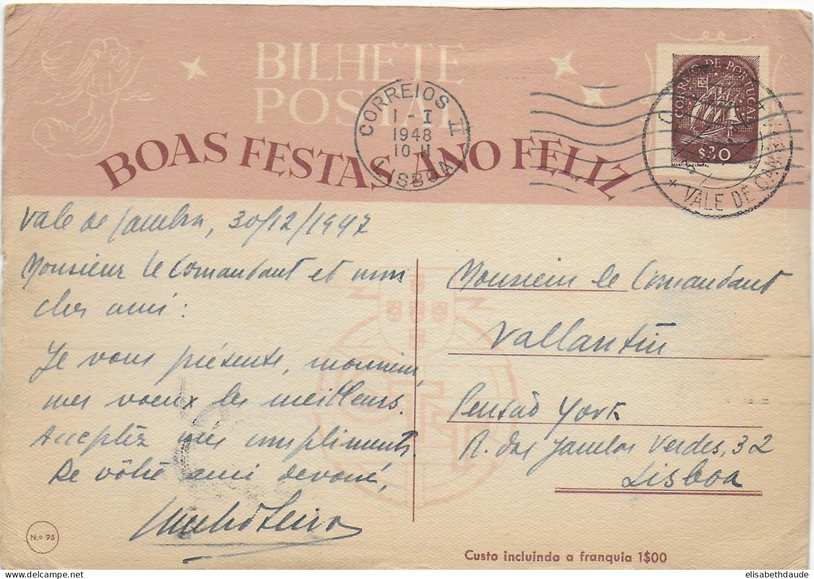 PORTUGAL - 1948 - CARTE ENTIER POSTAL TYPE CARAVELLE AVEC ILLUSTRATION AU DOS "BOAS FESTAS" NOËL  => LISBOA - Postwaardestukken