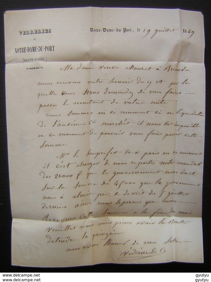 Haute-Loire 1849, Cursive 41 Auzon Sur Une Lettre Des Verreries De Notre Dame Du Port Cachet à Date De Brioudes - 1849-1876: Période Classique