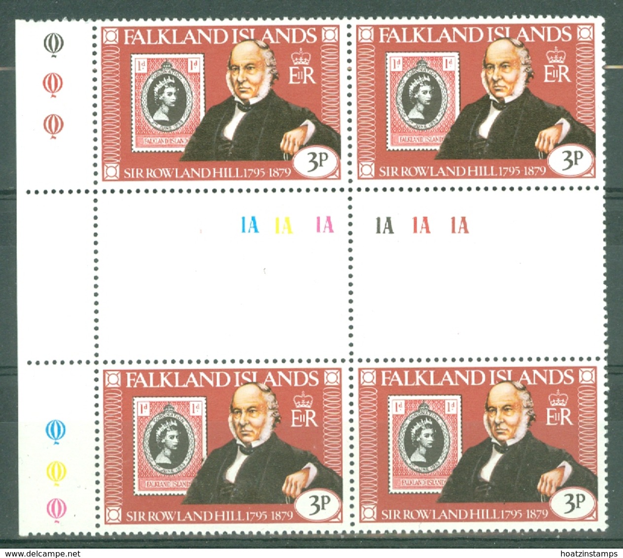 Falkland Is: 1979   Rowland Hill  SG364w   3p   [Wmk Crown To Left Of CA]   MNH Gutter Block Of 4 - Falklandinseln