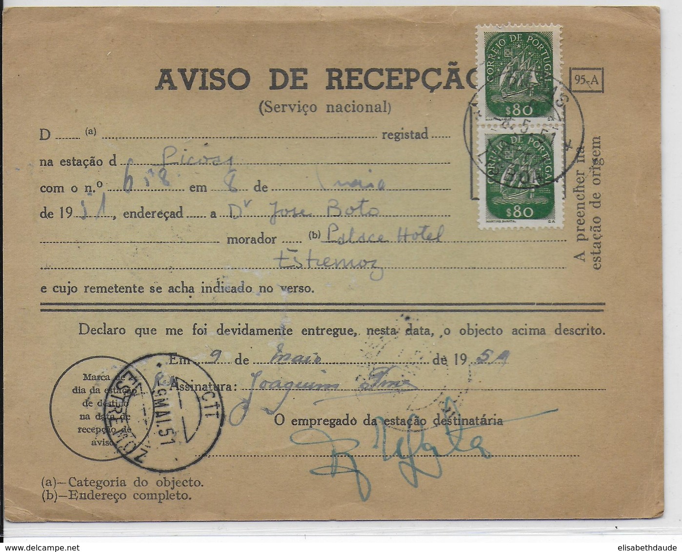 PORTUGAL - 1951 - CARTE AVIS DE RECEPTION OBJET RECOMMANDE De ESTREMOZ => LISBOA - Lettres & Documents