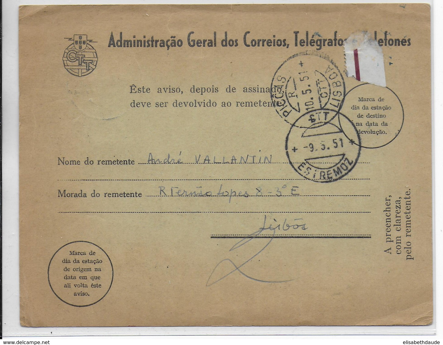 PORTUGAL - 1951 - CARTE AVIS DE RECEPTION OBJET RECOMMANDE De ESTREMOZ => LISBOA - Lettres & Documents