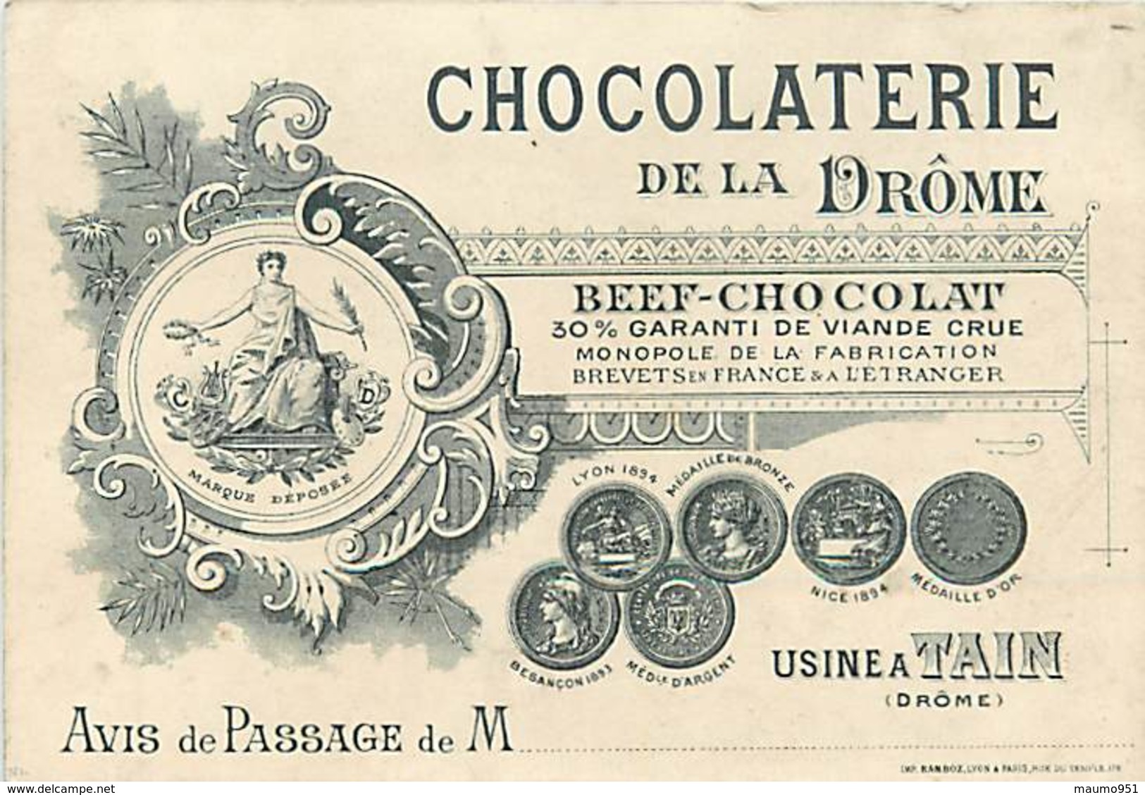 CARTE DE VISITE ET PUBLICIAIRE ANCIENNE - BEEF CHOCOLAT - USINE A TAIN - Publicités