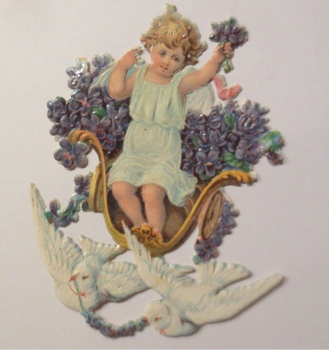 Oblaten, Engel, Tauben, Veilchen,     1900,   9,5 Cm X 6 Cm ♥  - Sonstige & Ohne Zuordnung