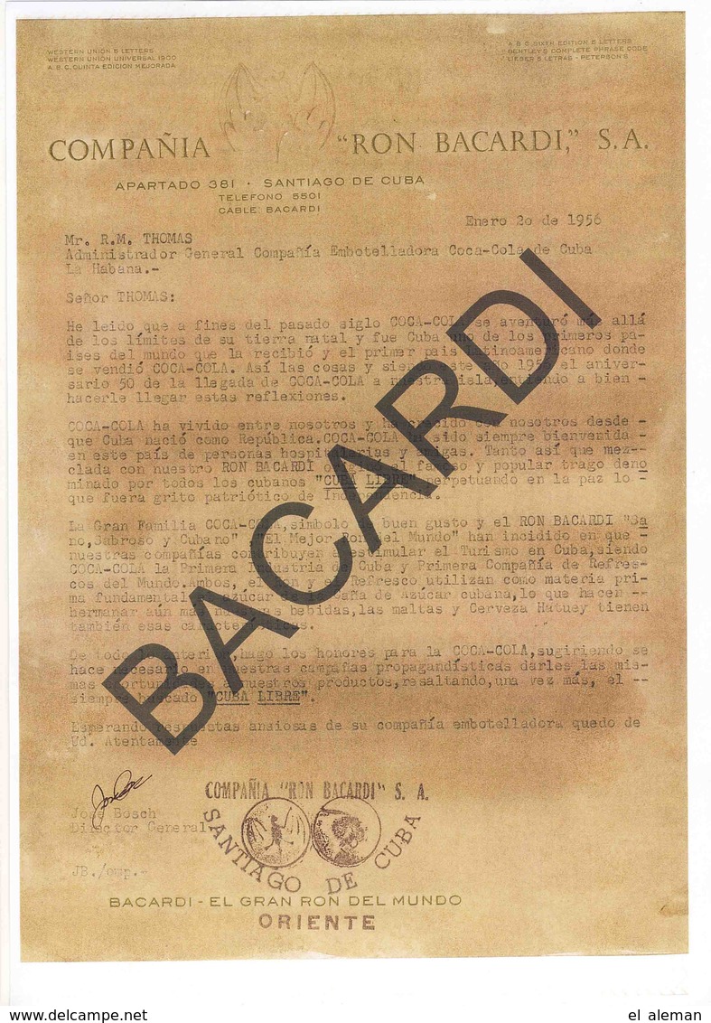 Bacardi Letter 1956,original,from Boss José Bosch(Pepín) To COCA COLA, Mr.Thomas - Documenti Storici