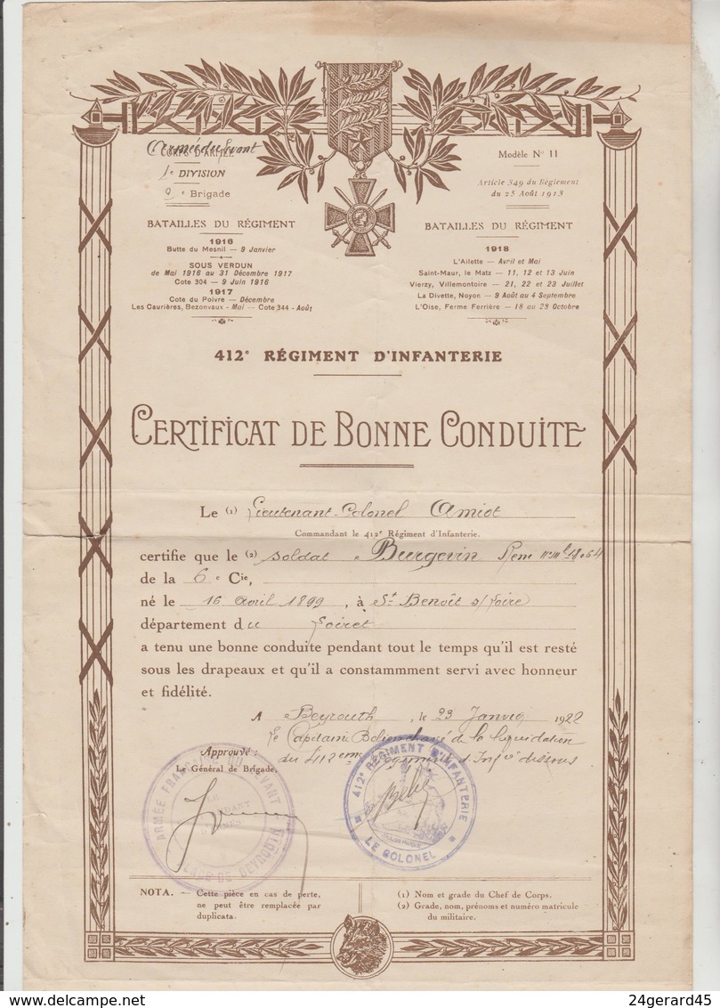 MILITARIA CERTIFICAT DE BONNE CONDUITE DU 412° REGIMENT D'INFANTERIE DELIVRE LE 23/01/1922 A BEYROUTH - Historical Documents