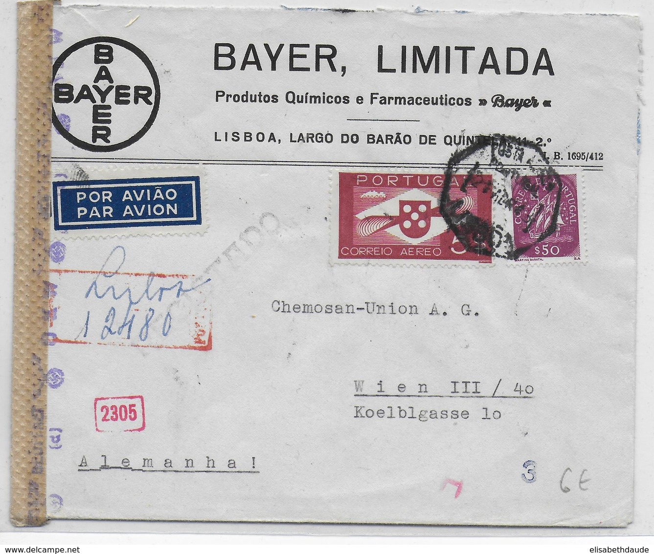 PORTUGAL - 1943 - ENVELOPPE RECOMMANDEE AVION De BAYER à LISBONNE Avec CENSURE => WIEN (AUTRICHE / ALLEMAGNE) - Storia Postale