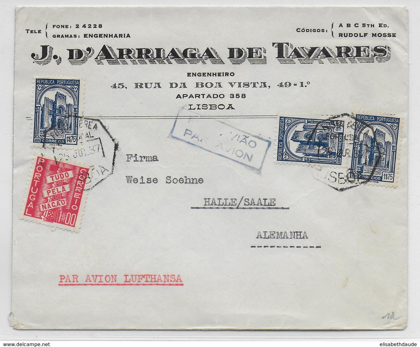 PORTUGAL - 1937 - ENVELOPPE Par AVION De LISBONNE => HALLE (ALLEMAGNE) - Lettres & Documents