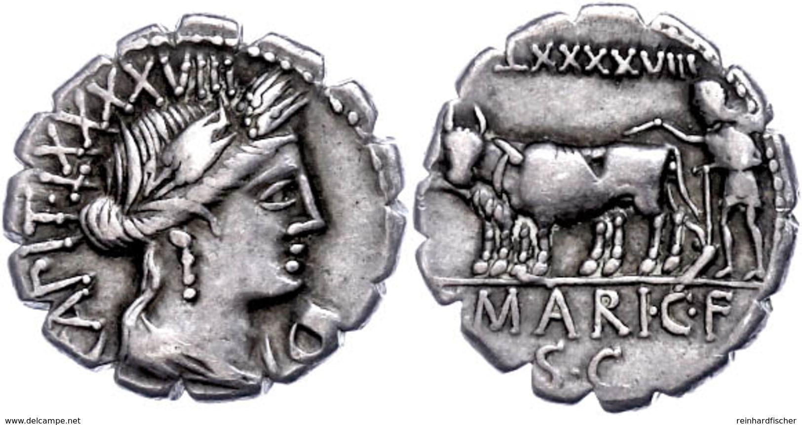 C. Marius C. F. Capito, Denar (4,01g), 81 V. Chr., Rom. Av: Ceresbüste Nach Rechts, Darum "C MARI C F CAPIT". Rev: Ochse - Republic (280 BC To 27 BC)
