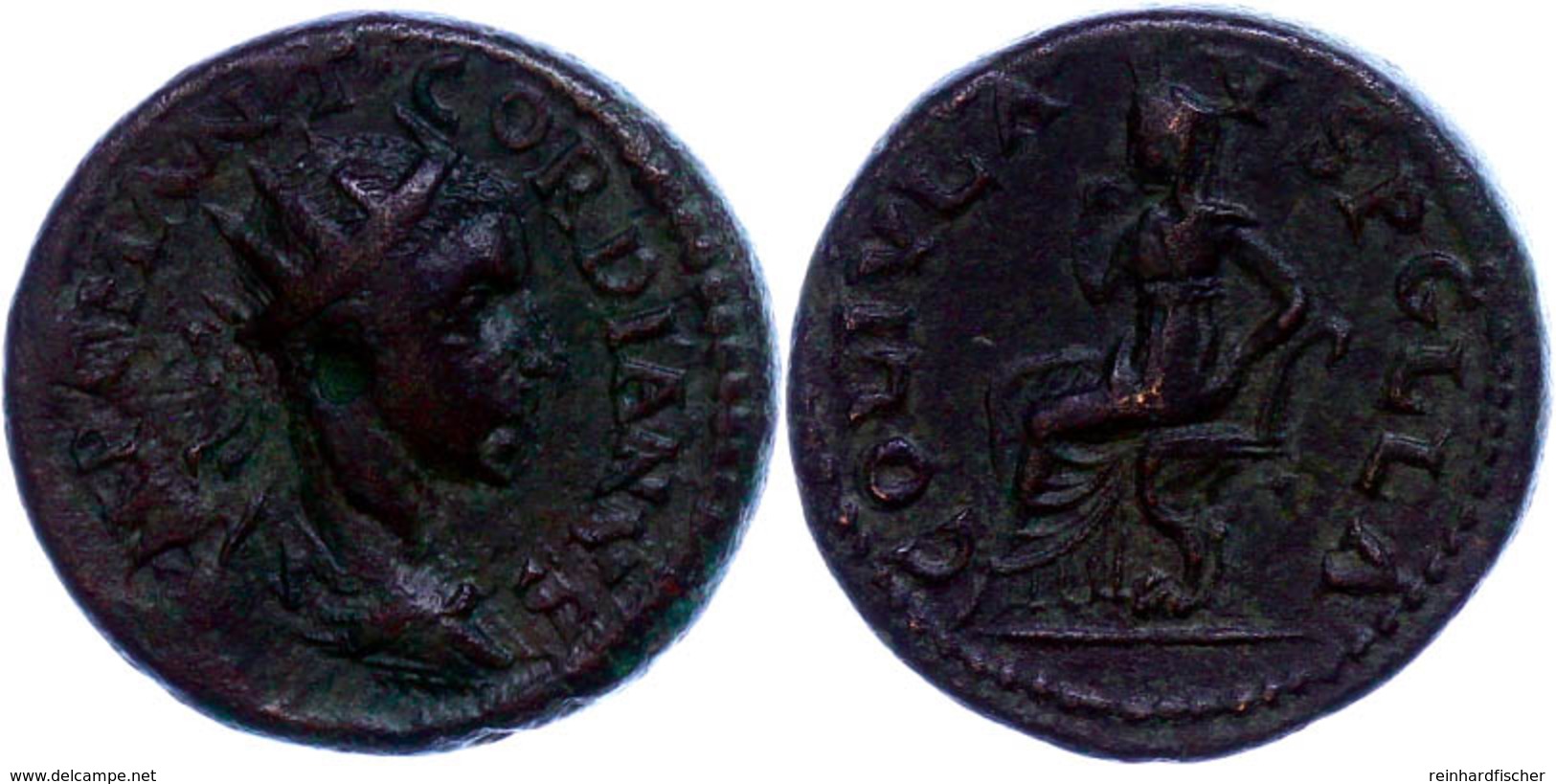 Makedonien, Pella, Colonia, Æ (10,98g), 238-244, Gordianus III..Av: Büste Nach Rechts, Darum Umschrift. Rev: Thronende F - Röm. Provinz