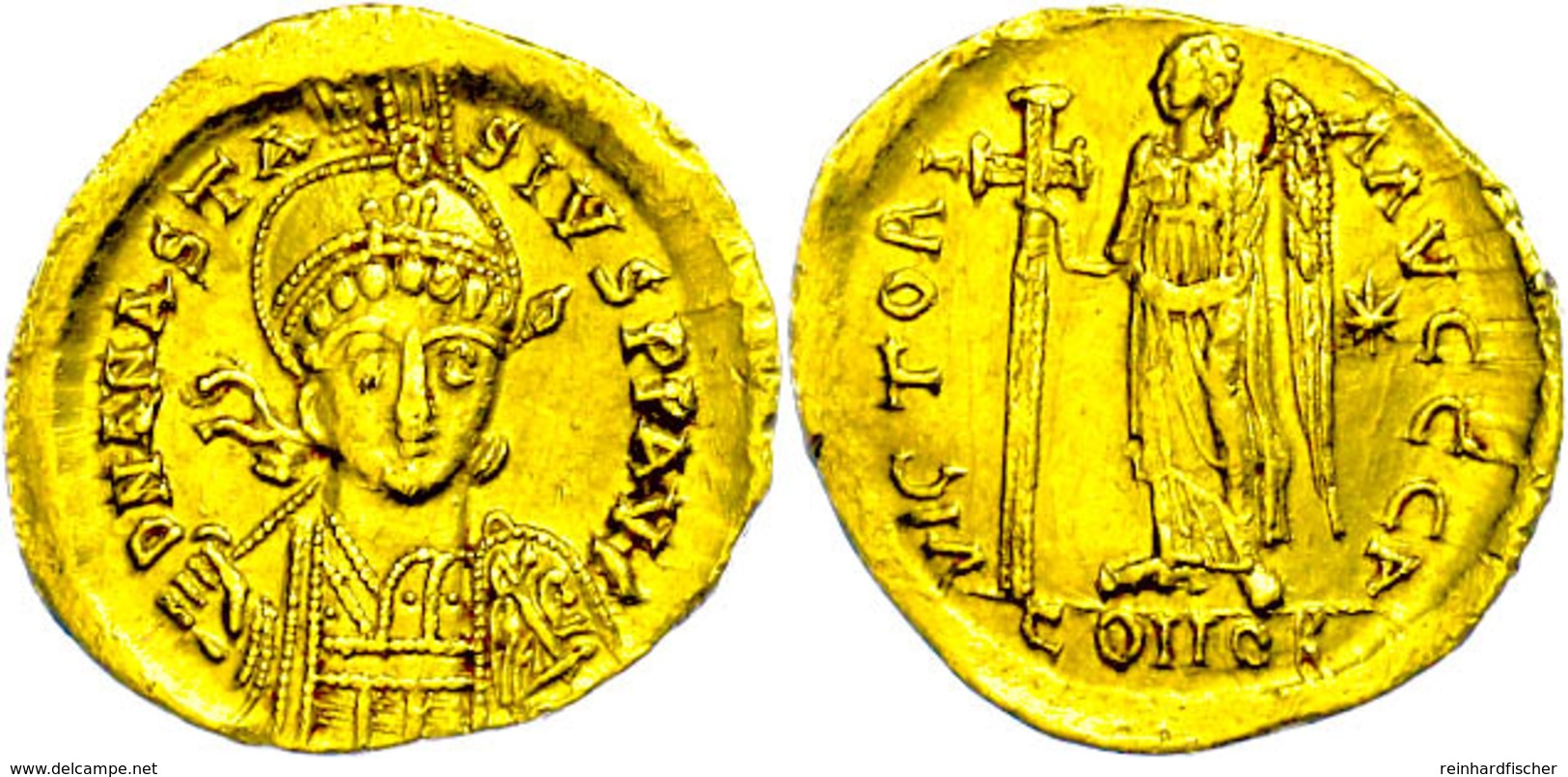 Anastasius I., 491-518, Solidus (4,40g), Konstantinopel. Av: Büste Mit Schild Und Speer Von Vorn, Darum Umschrift. Rev:  - Byzantinische Münzen