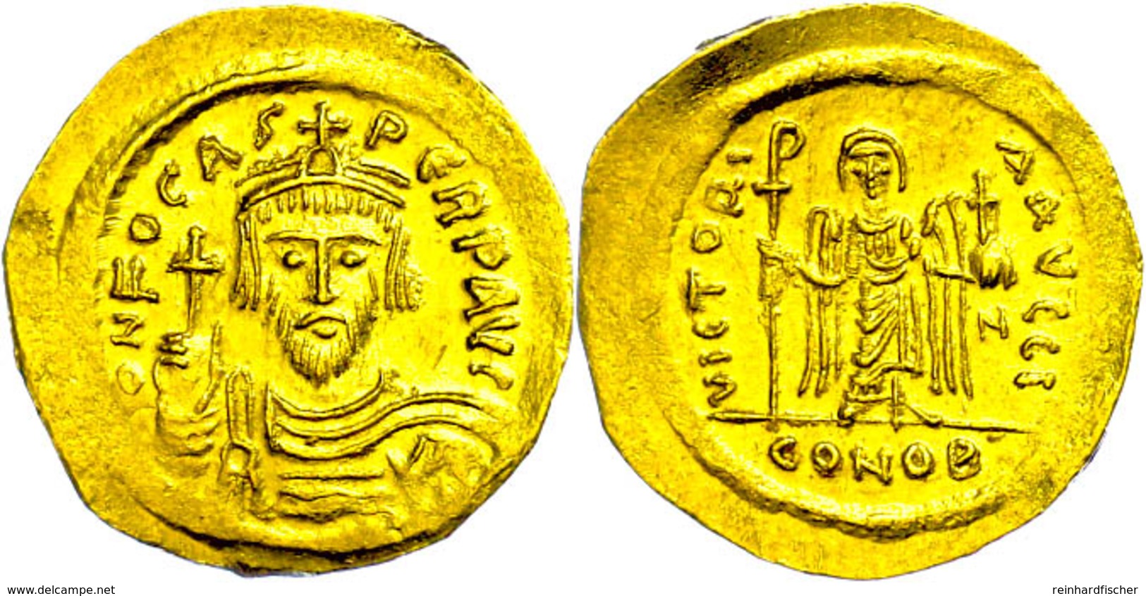 Phocas, 602-610, Solidus (4,40g), Konstantinopel. Av: Brustbild Mit Kreuzglobus Von Vorn, Darum Umschrift. Rev: Stehende - Byzantinische Münzen