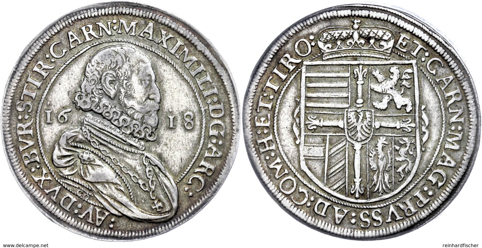 Taler, 1618, Maximilian III., Hall, Dav. 3321, Kl. Rf., Ss.  Ss - Oesterreich