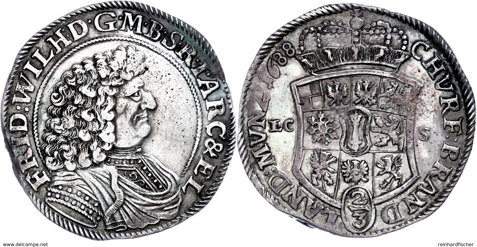 2/3 Taler, 1688, Friedrich Wilhelm, LC S, Dav. 252, Leichte Prägeschwäche, Etwas Grünspan,  Ss-vz.  Ss-vz - Sonstige & Ohne Zuordnung