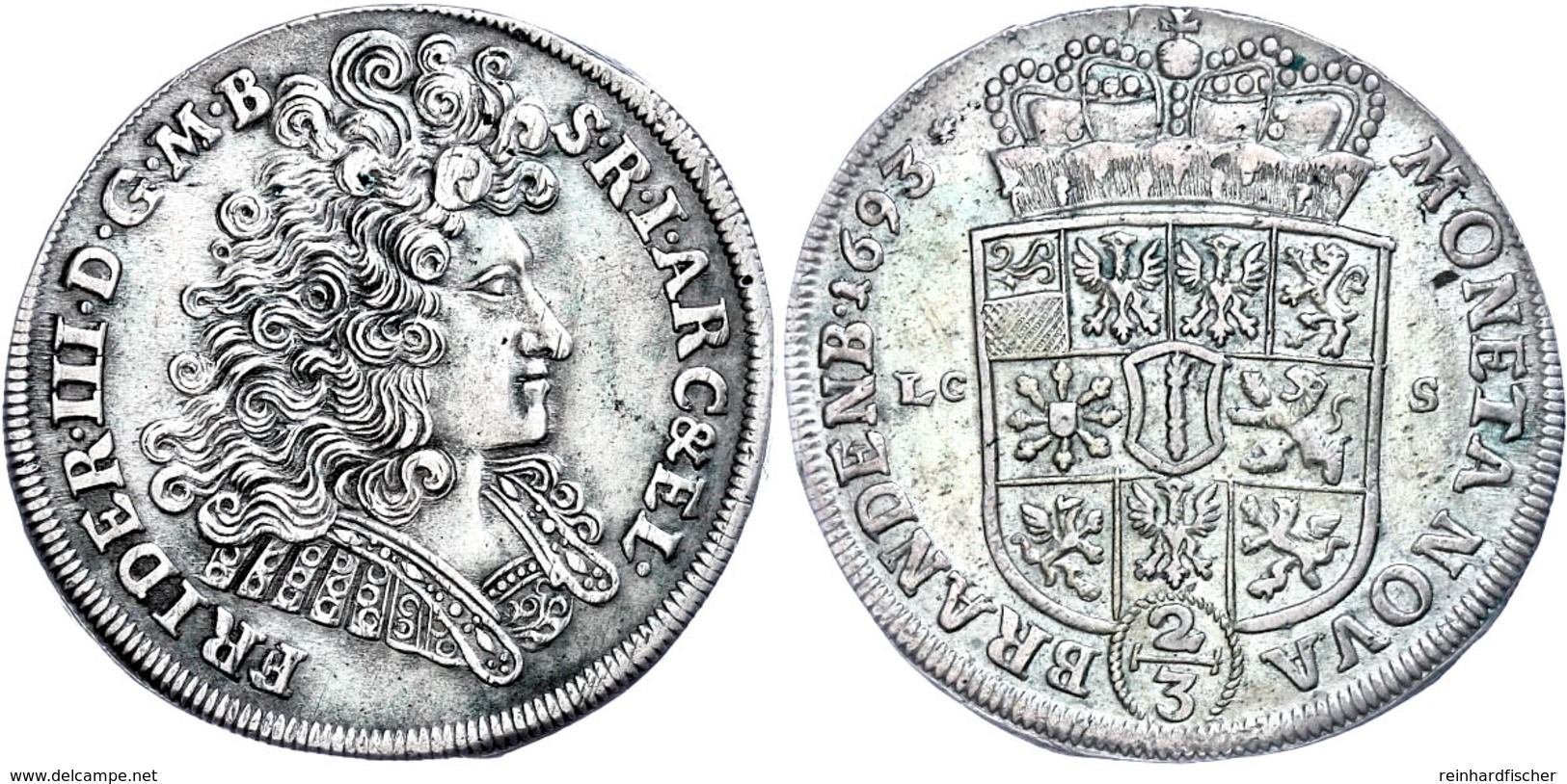 2/3 Taler, 1693, Friedrich III., LCS Berlin, Von Schrötter 119, Etwas Grünspan, Ss+. - Sonstige & Ohne Zuordnung