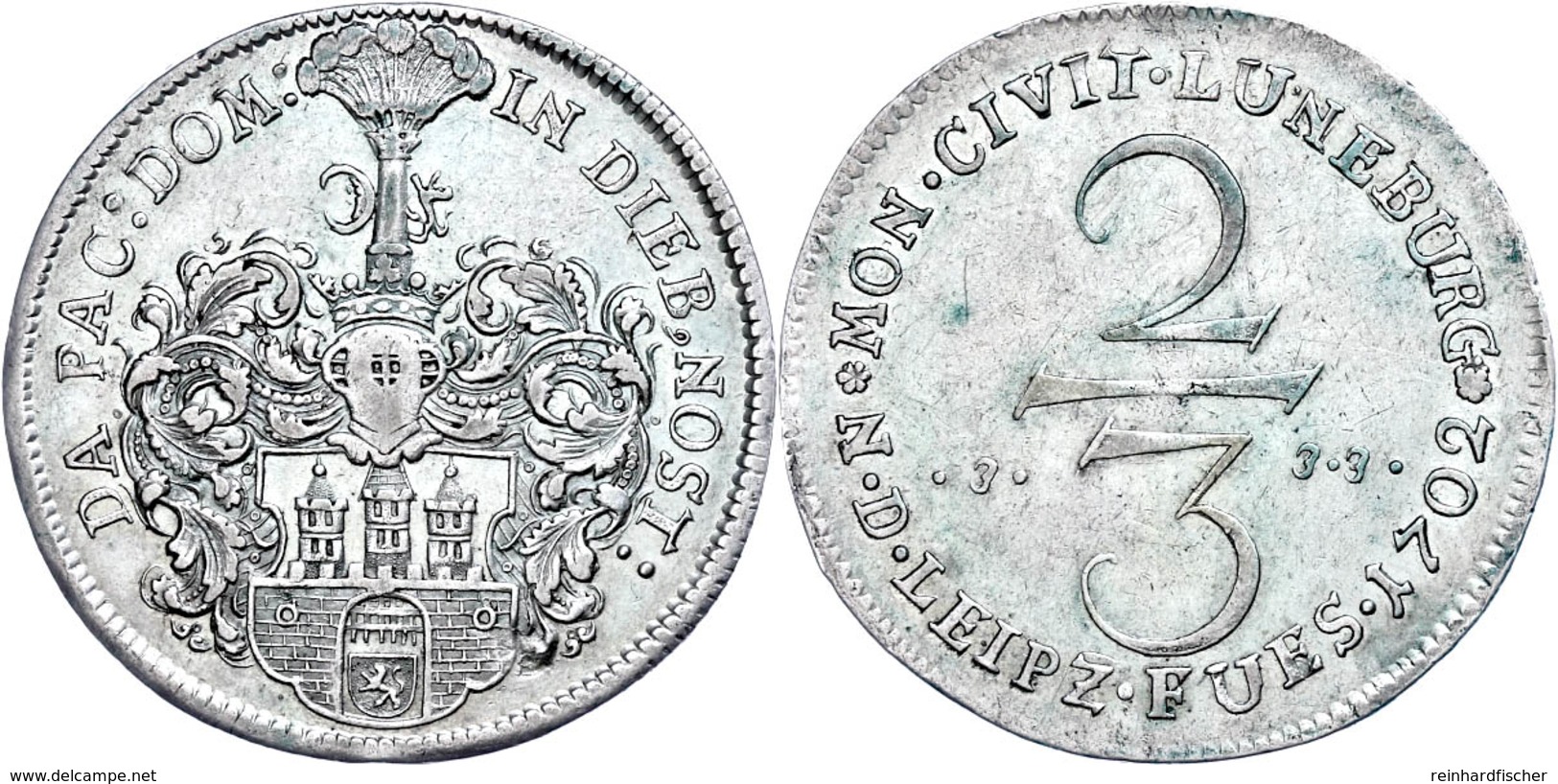 2/3 Taler, 1702, Celle, Dav. 630, Etwas Grünspan, Kl. Rf., Ss.  Ss - Sonstige & Ohne Zuordnung