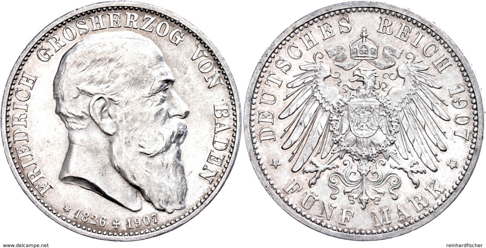 5 Mark, 1907, Friedrich I., Auf Seinen Tod, Kl. Rf., Vz, Katalog: J. 37 Vz-st - Autres & Non Classés