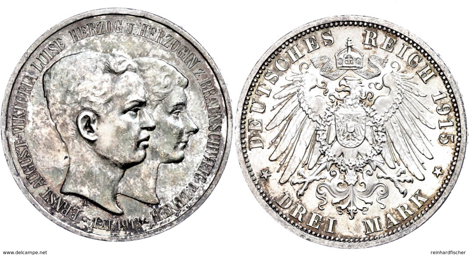 3 Mark, 1915, Ernst August, Mit Lüneburg, Wz. Rf., Avers Vz-st, Revers F. St., Katalog: J. 57 - Other & Unclassified