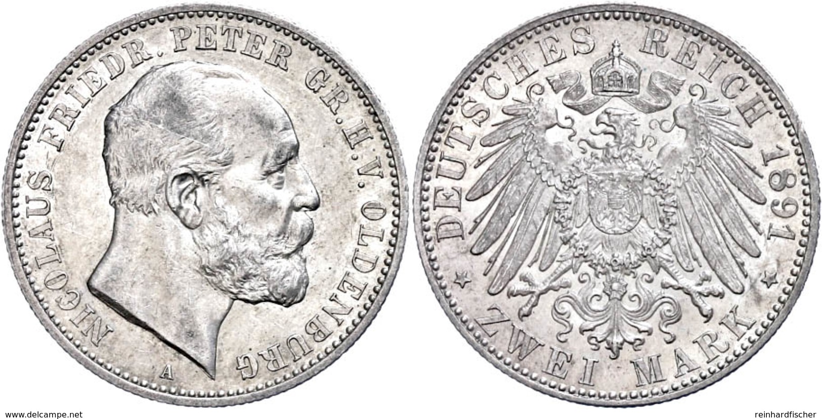 2 Mark, 1891, Nicolaus Friedrich Peter, Avers Ss-vz, Revers Vz., Katalog: J. 93 - Sonstige & Ohne Zuordnung