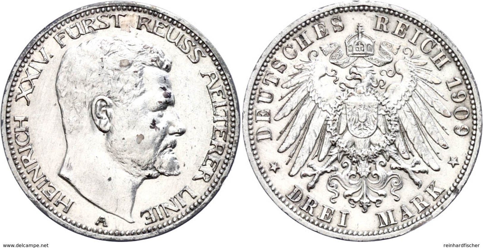 3 Mark, 1909, Heinrich XXIV., Berieben, Ss-vz., Katalog: J. 119 Ss-vz - Sonstige & Ohne Zuordnung