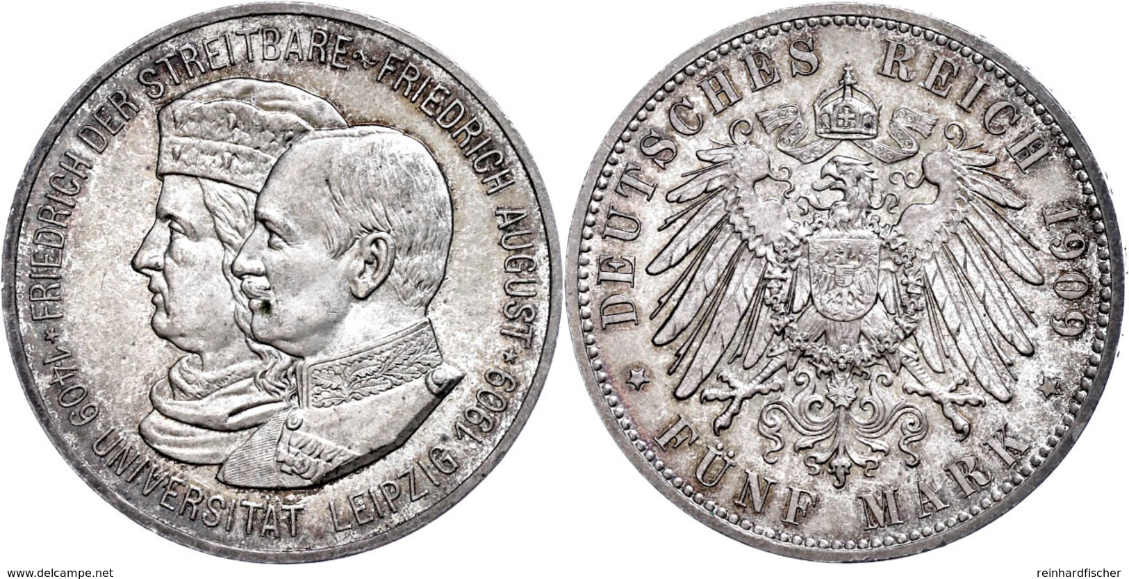 5 Mark, 1909, Friedrich August III., Universität Leipzig, Vz-st., Katalog: J. 139 Vz-st - Sonstige & Ohne Zuordnung