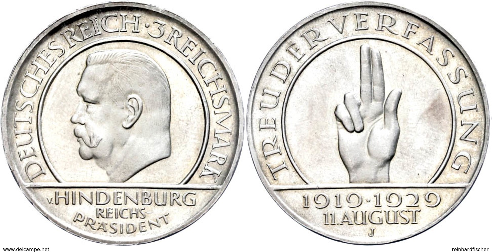 3 Reichsmark, 1929, J, Schwurhand, Kl. Rf., Wz. Kr., PP., Katalog: J. 340 PP - Sonstige & Ohne Zuordnung