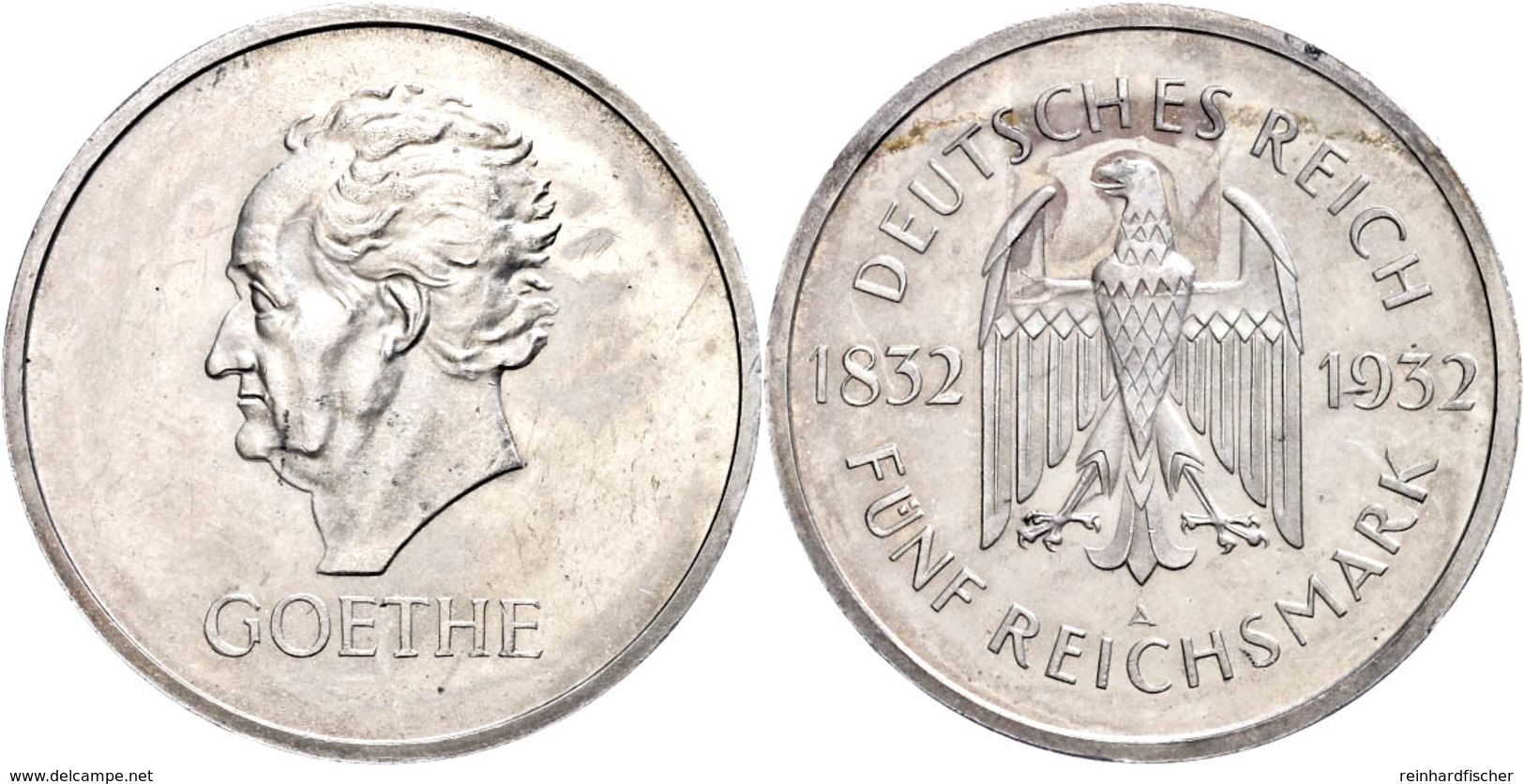 5 Reichsmark, 1932, A, Goethe, Wz. Rf., Kl. Kratzer, Vz Aus PP., Katalog: J. 351 VzausPP - Other & Unclassified