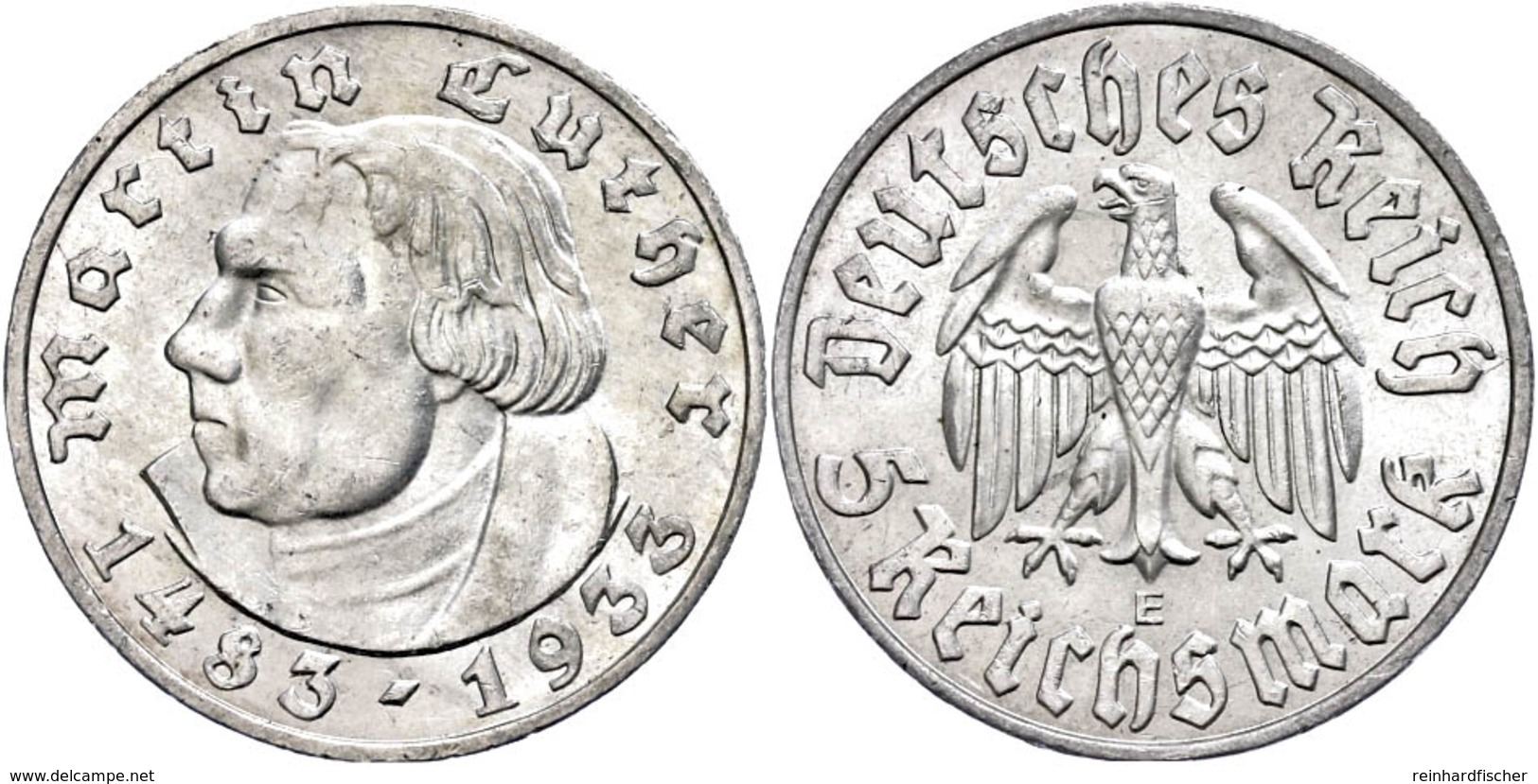 5 Reichsmark, 1933, E, Martin Luther, Wz. Rf., Vz., Katalog: J. 353 Vz - Sonstige & Ohne Zuordnung