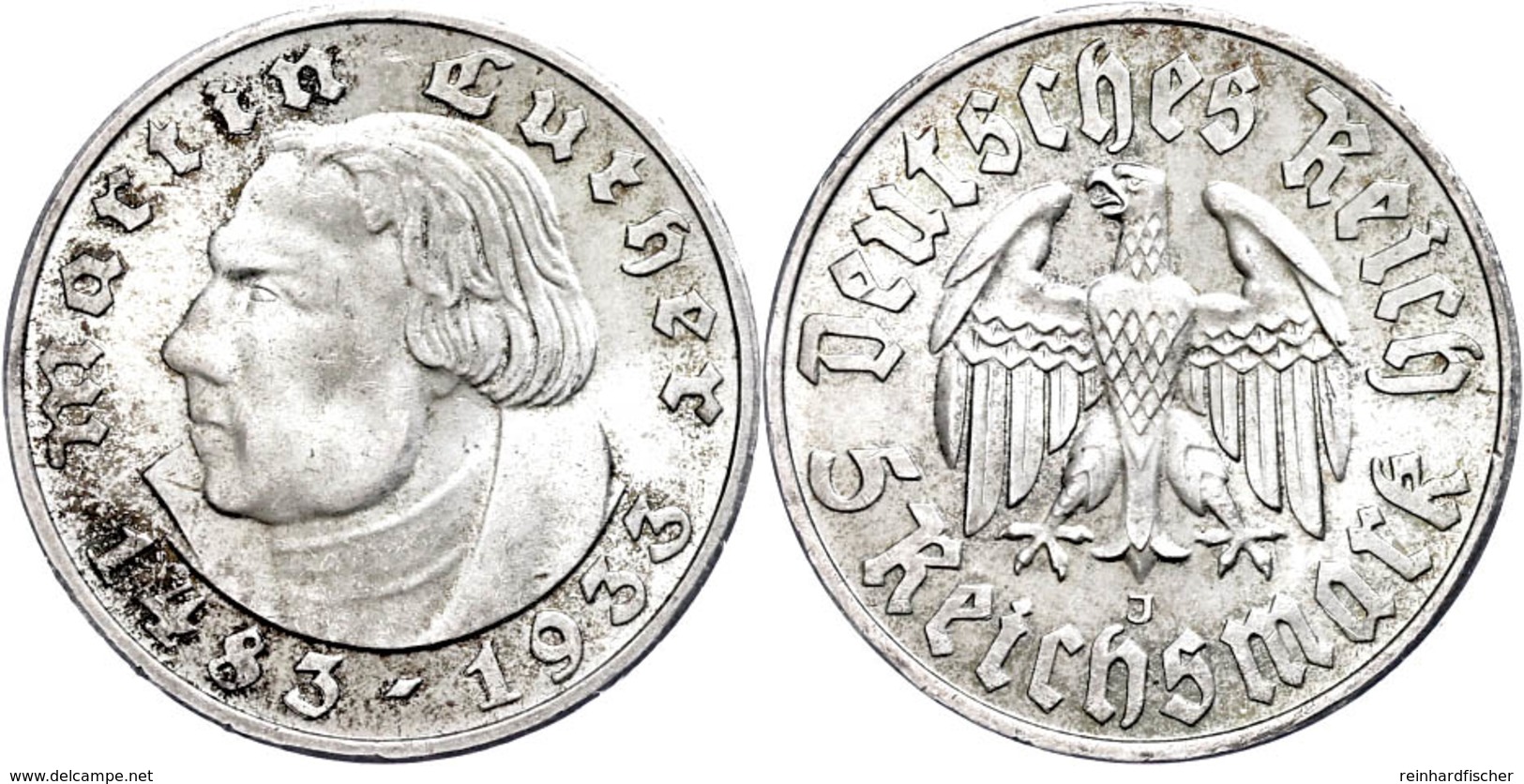 5 Reichsmark, 1933, J., Luther, Kl. Kr., F. St., Katalog: J. 353 - Sonstige & Ohne Zuordnung