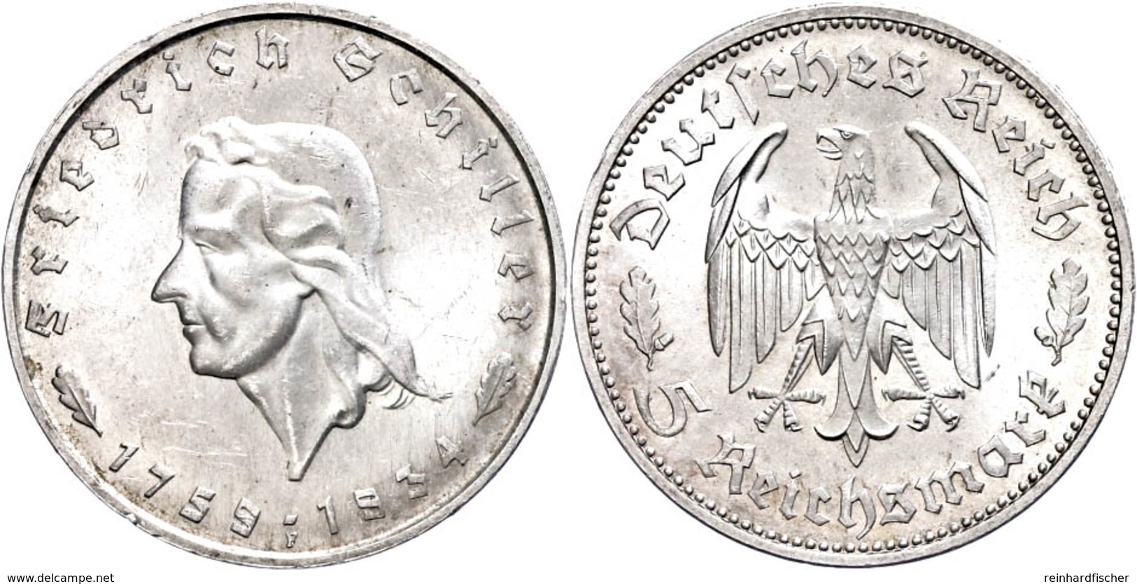 5 Reichsmark, 1934, Schiller, Kl. Rf., Vz-st., Katalog: J. 359 Vz-st - Sonstige & Ohne Zuordnung