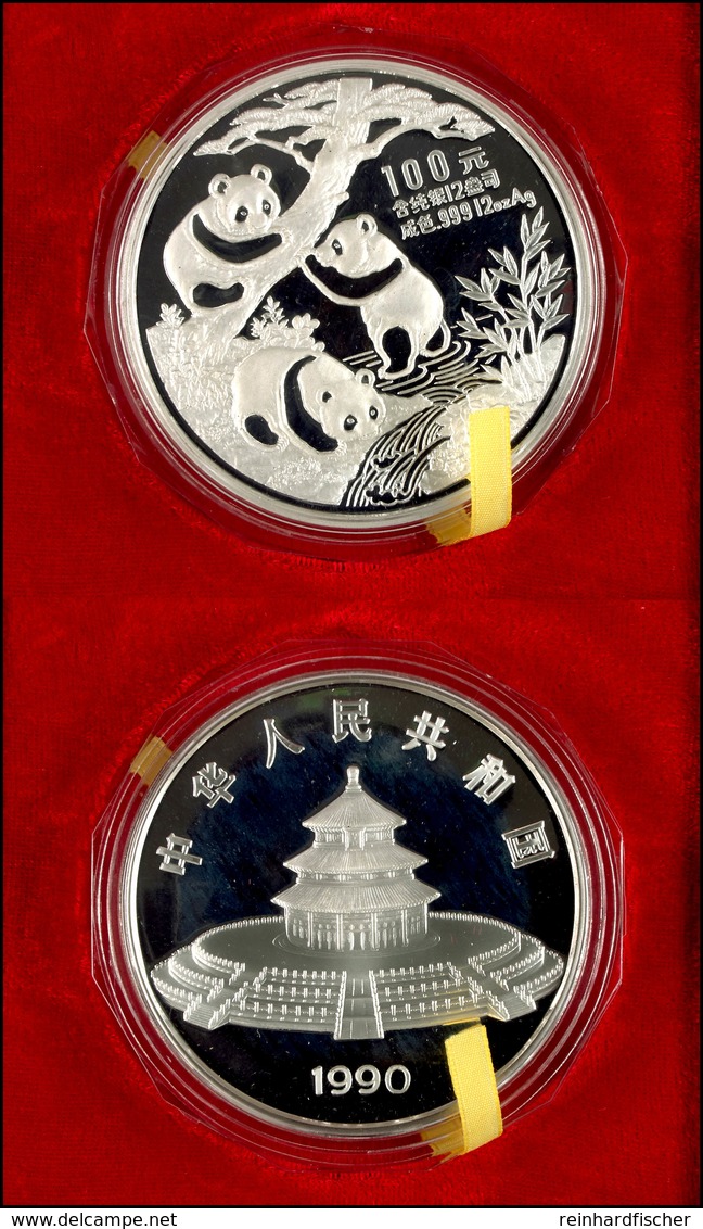 100 Yuan Silber, 1990, 3 Pandas An Gewässer, 12 Oz, KM 274, Schön 275, In Kapsel, In Originalholzschatulle Mit Zertifika - China