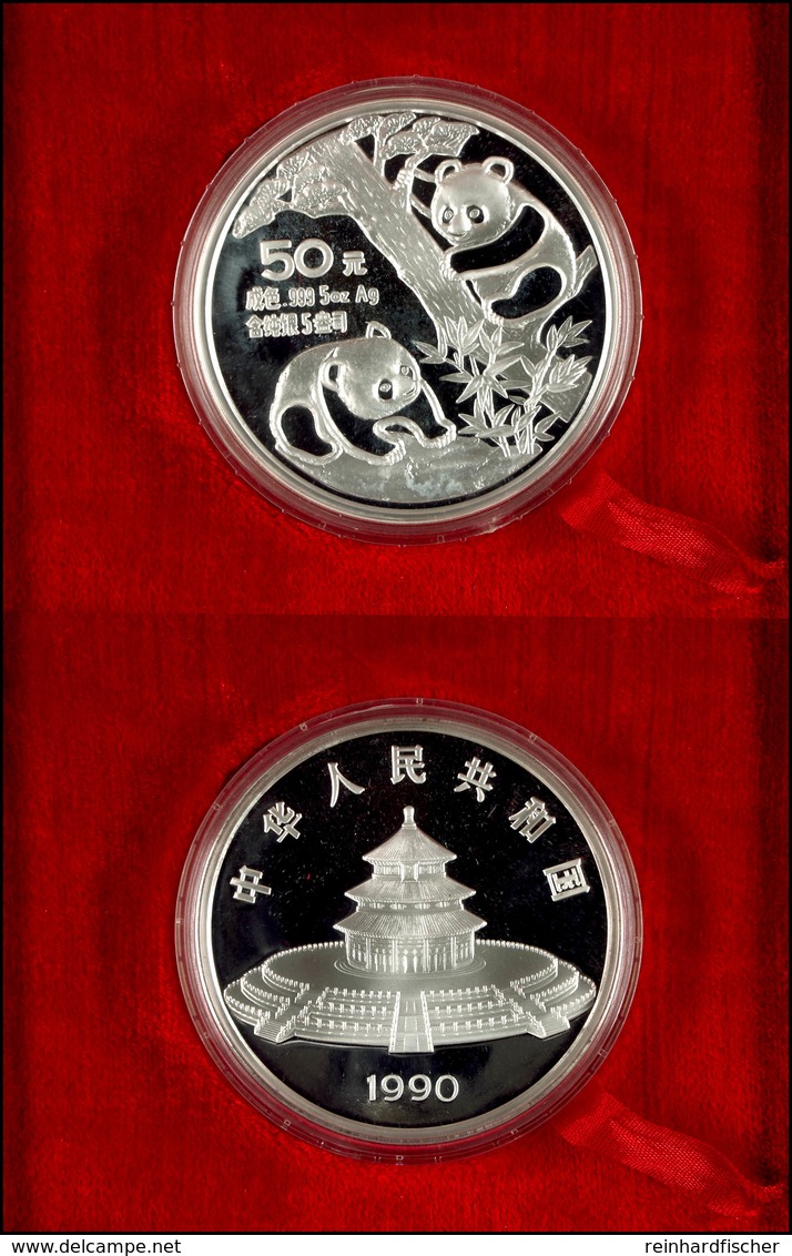 50 Yuan, Silber, 1990, Zwei Pandas, 5 Oz, 999er Silber, 155,67 G, KM 273, Schön 274, In Kapsel, In Originalholzschatulle - Chine