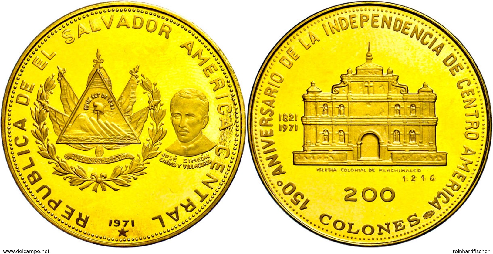 200 Colones, Gold, 1971, 150 Jahre Unabhängigkeit, Panchimalco Kirche, Fb. 6, Eingepunzte Nummer 1216, Fingerabdrücke, P - Sonstige – Amerika