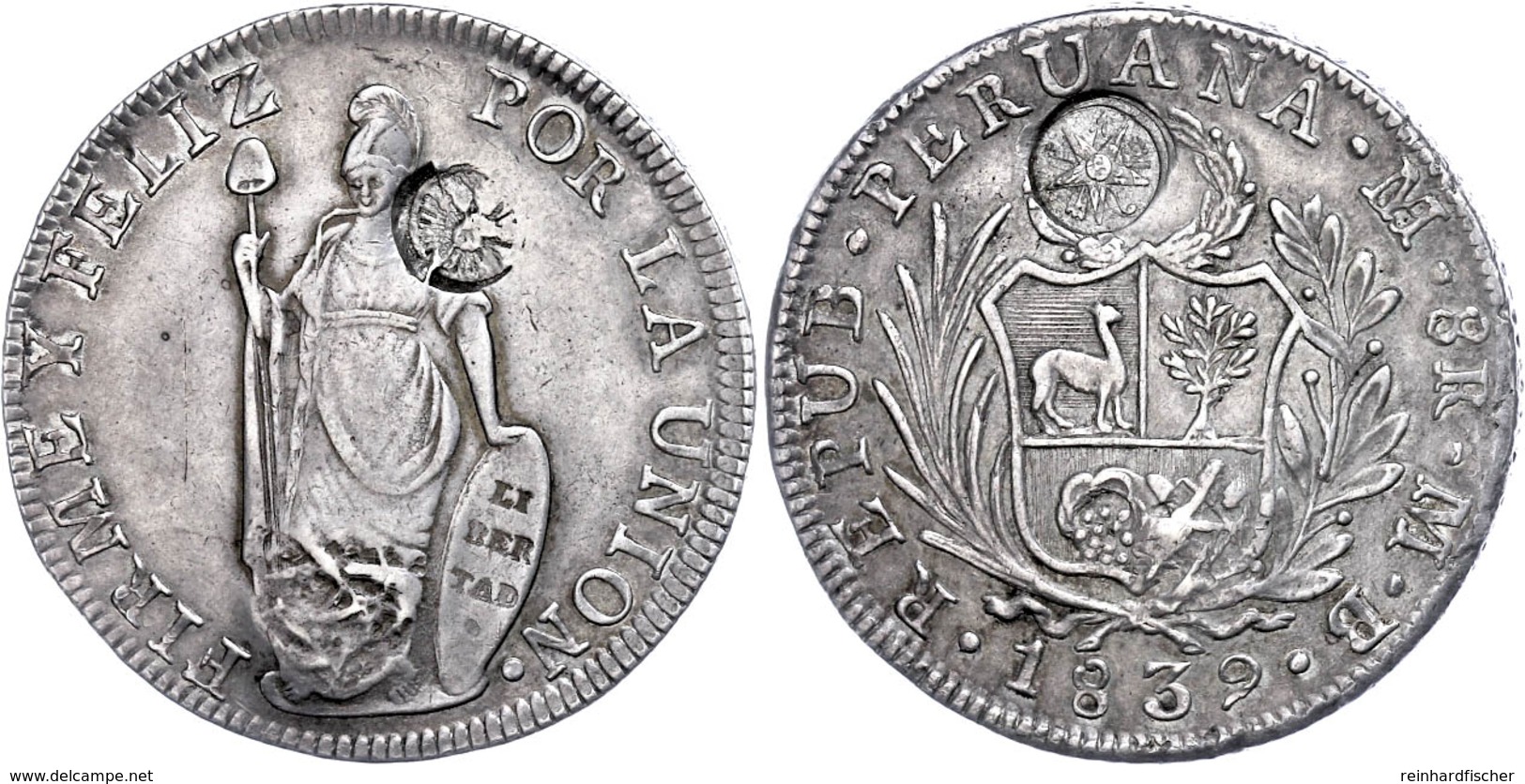 8 Reales, 1839, MB, Lima, Mit Gegenstempel, KM 118.1, Ss.  Ss - Guatemala