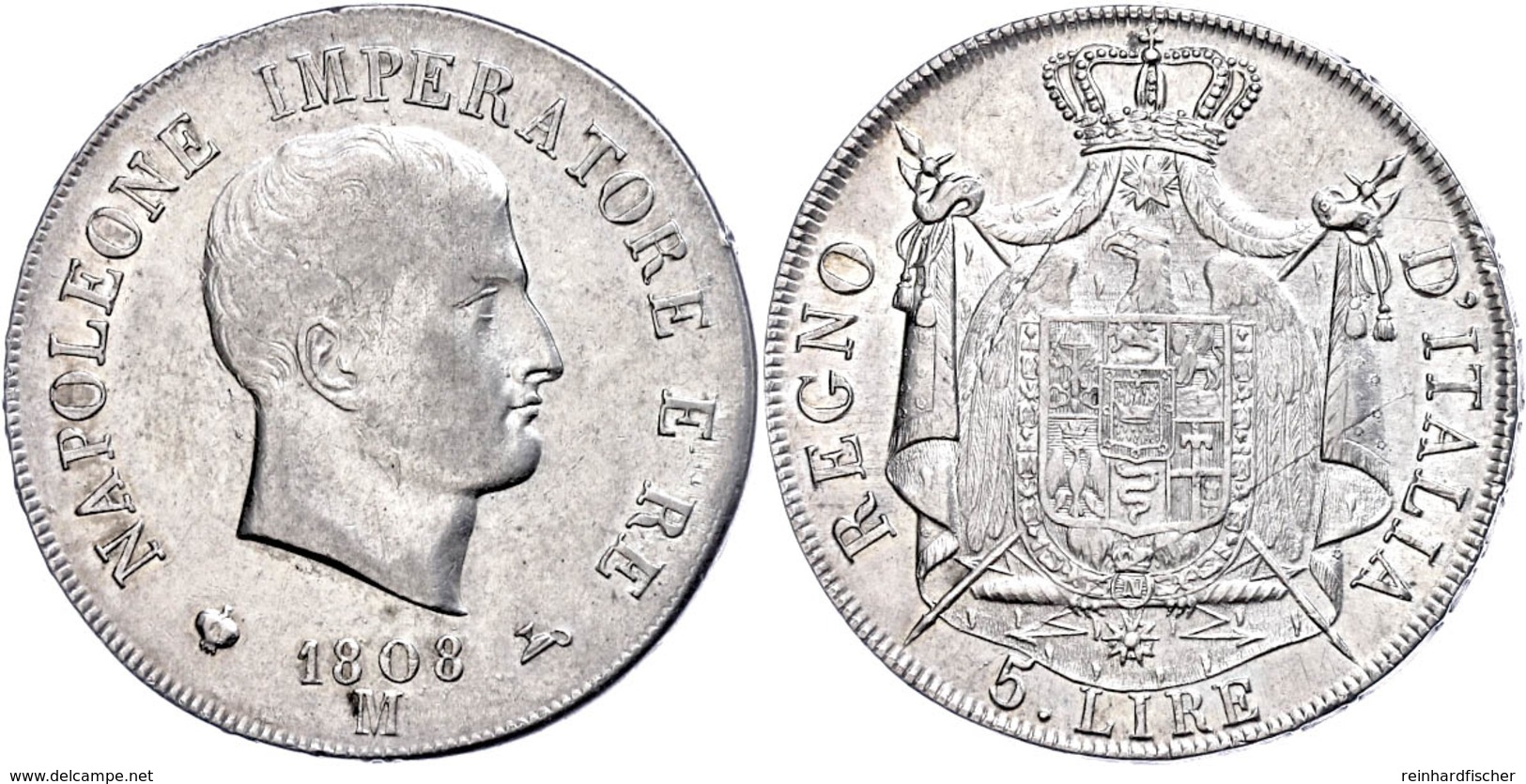 5 Lire, 1808, Mailand, Napoleon, Dav. 202, F. Vz. - Sonstige & Ohne Zuordnung