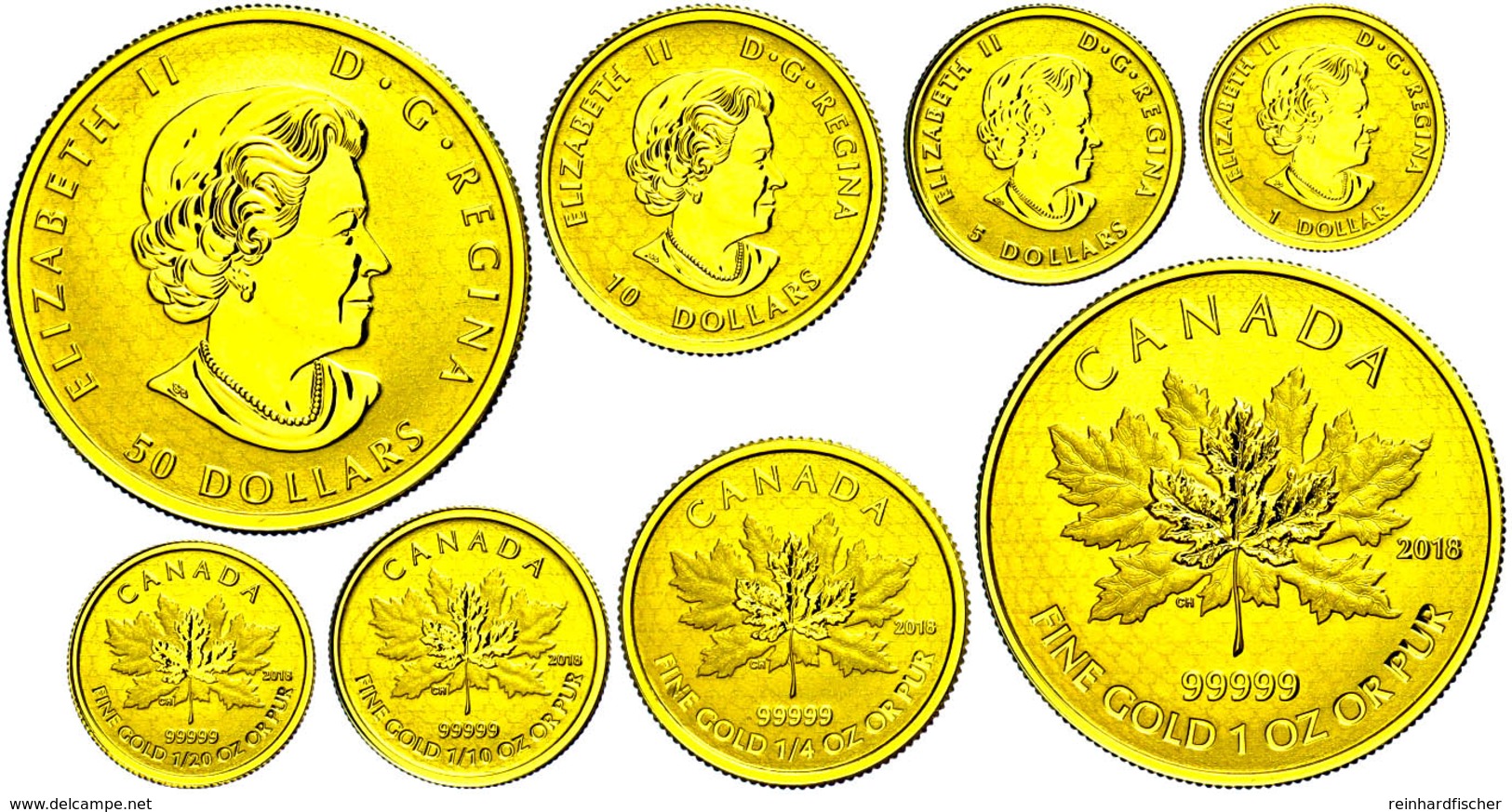 Set Zu 1, 5, 10 Und 50 Dollars Gold, 2018, Maple Leaf, (1/20, 1/10, 1/4 Und 1 Unze Gold), Mit Zertifikat In Ausgabeschat - Canada