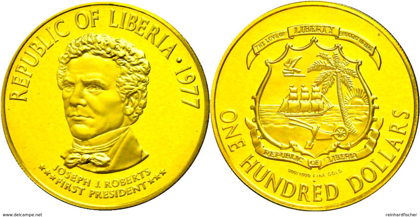 100 Dollar, Gold, 1977, Joseph Jenkins Roberts, Schön 39, KM 36,  PP - Liberia