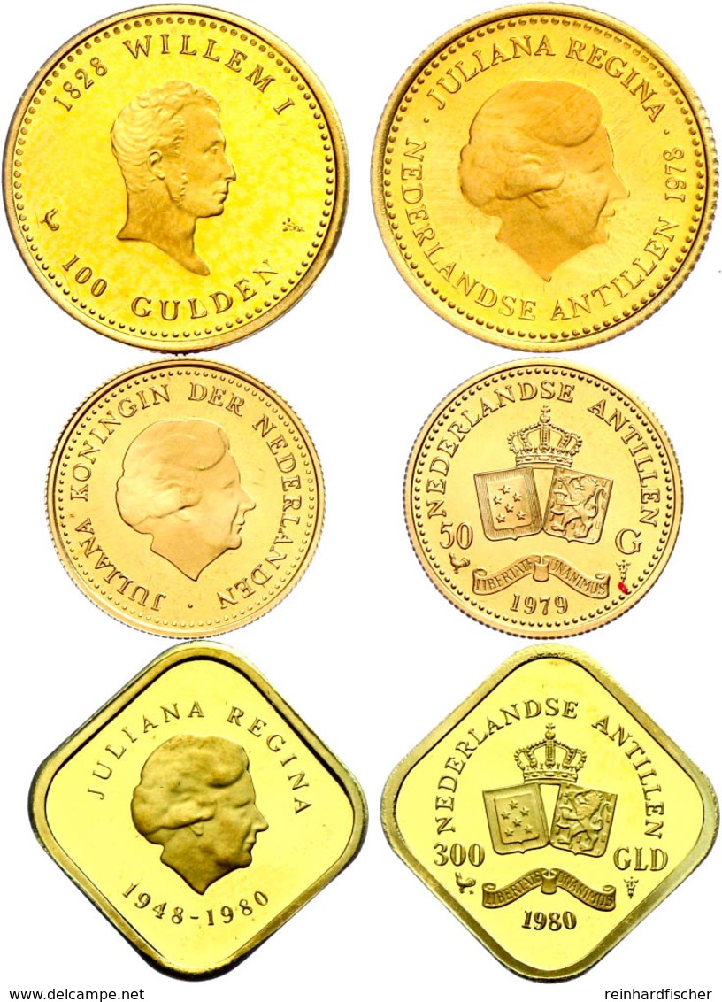 Antillen, Lot Zu 50, 100 Und 300 Gulden, Gold, 1979, 1978 Und 1980, Jeweils PP.  PP - Sonstige & Ohne Zuordnung