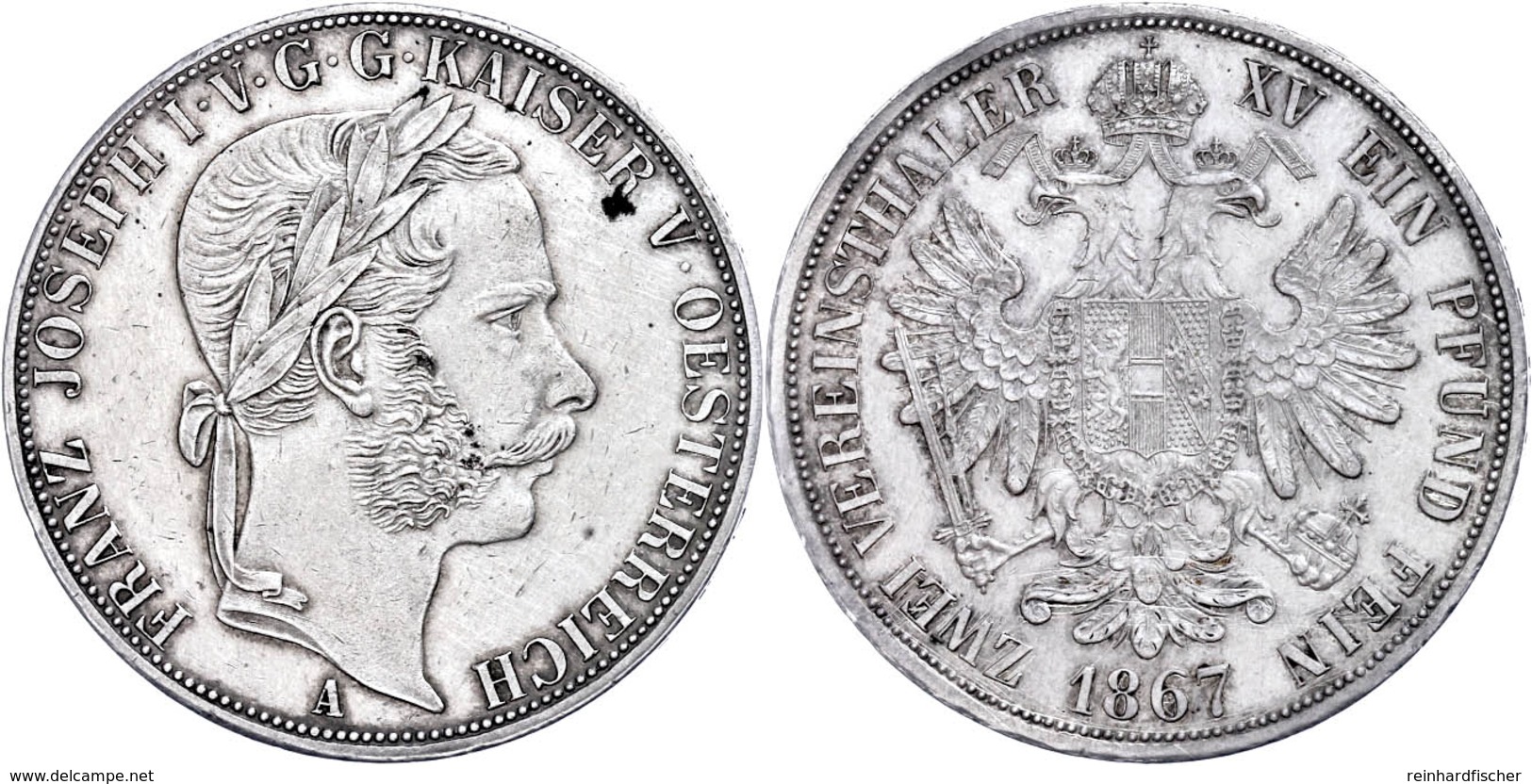 Doppeltaler, 1867, Franz Joseph I., Wien, J. 317, Wz. Rf., Berieben, Vz.  Vz - Oesterreich