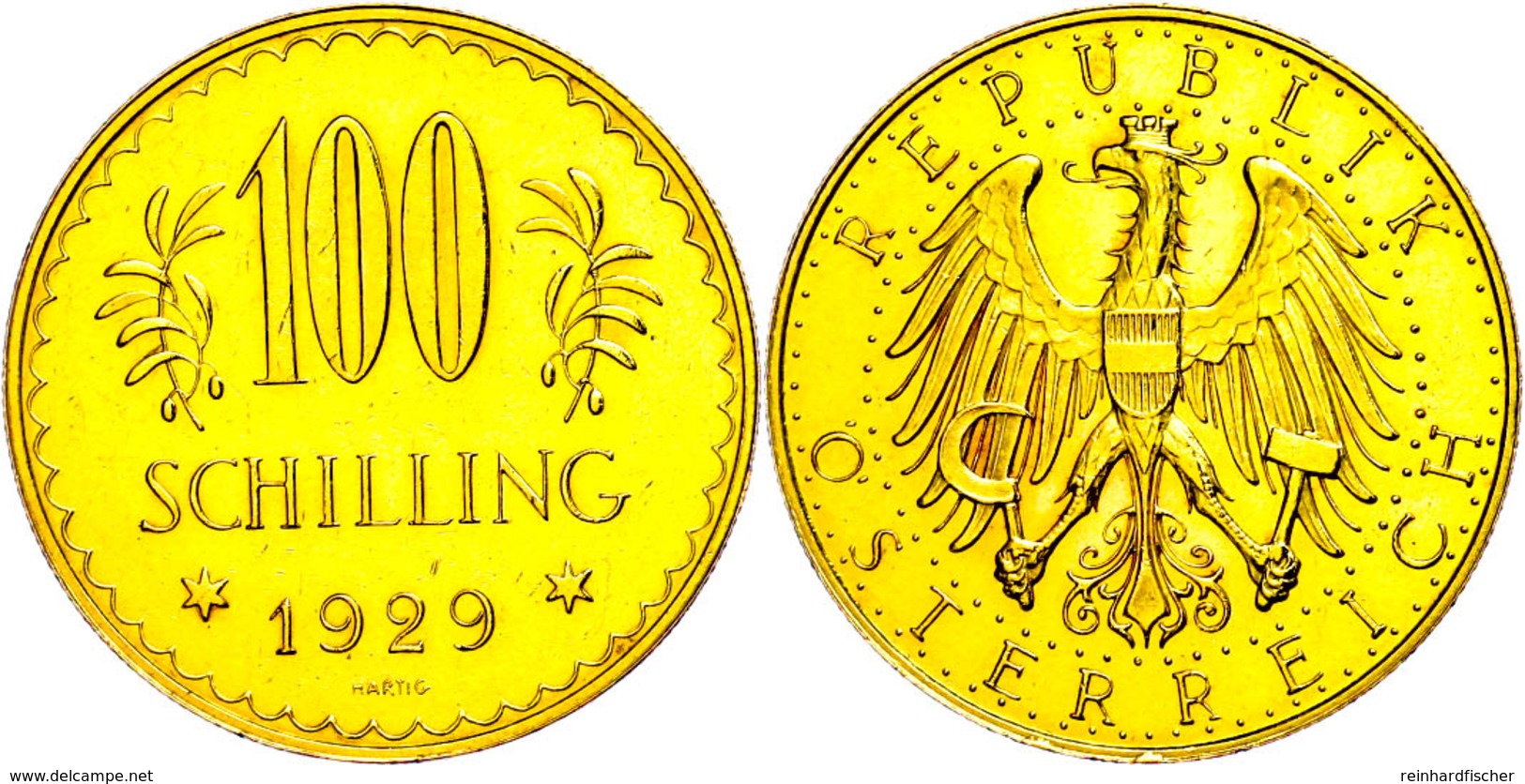 100 Schilling, Gold, 1929, Fb. 520, Gereinigt, Kl. Kr., Vz-st.  Vz-st - Oesterreich