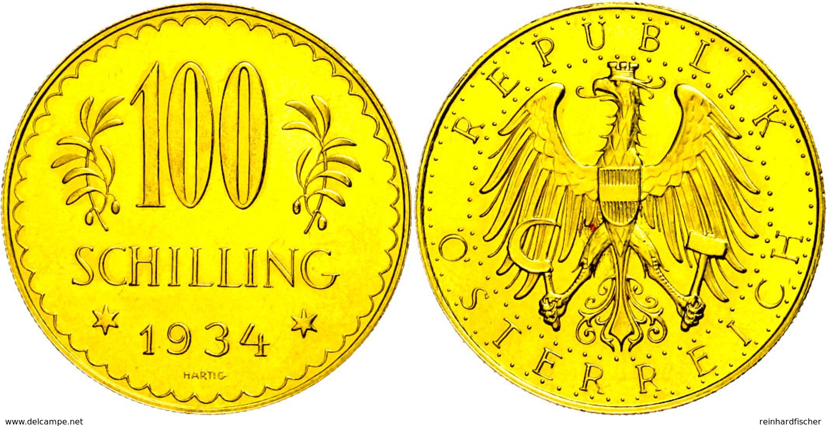 100 Schilling, Gold, 1934, Fb. 520, Gereinigt, Vz.  Vz - Oostenrijk