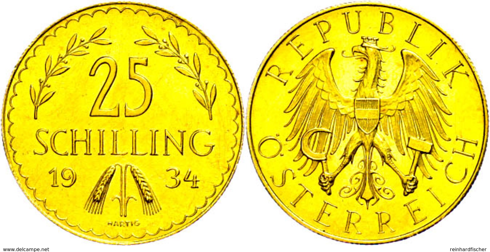 25 Schilling, Gold, 1934, Fb. 521, Gereinigt, Leicht Berieben, Vz.  Vz - Oesterreich