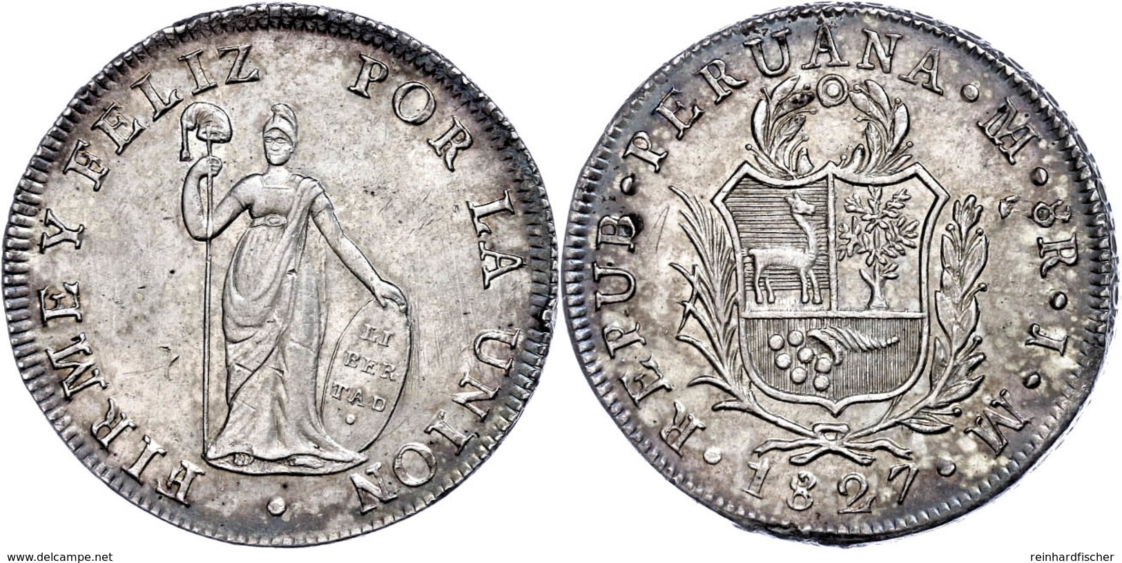 8 Reales, 1827, JM, Lima, KM 142.1, Wz. Kr., Vz.  Vz - Pérou